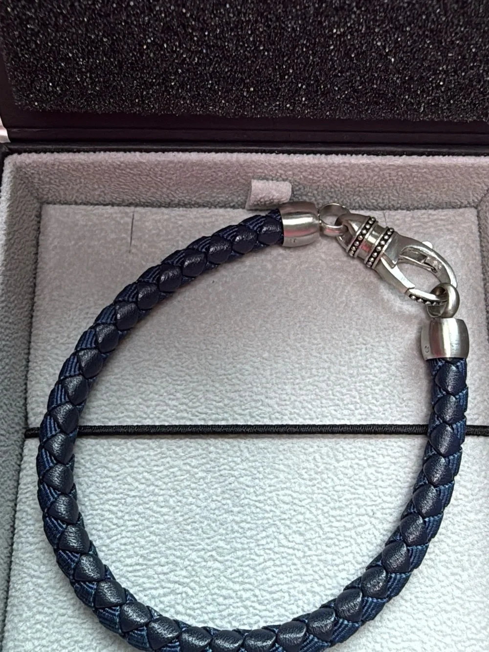 Men's Braided Leather Bracelet with Silver Clasp - Navy